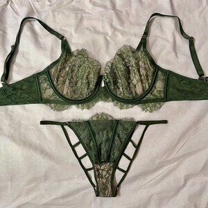 NWOT VS Very Sexy Olive Green Lace Unlined Demi Bra & M Panty Set